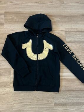 True Religion Black Kids Zip Hoodie with Gold Logo